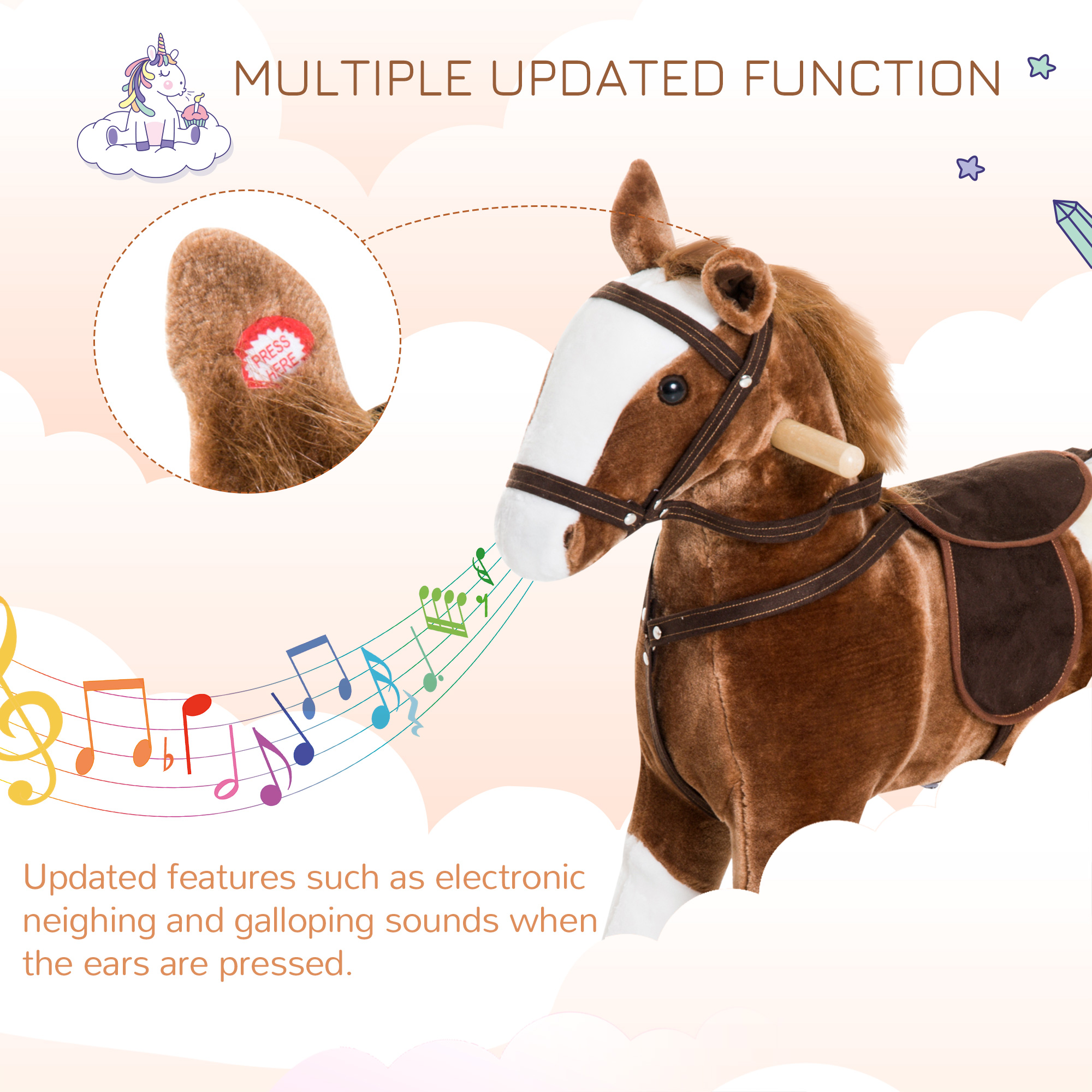 Kids Plush Toy Rocking Horse Pony Toddler Ride on Animal for Girls Pink Birthday Gifts with Realistic Sounds, Brown — image 8