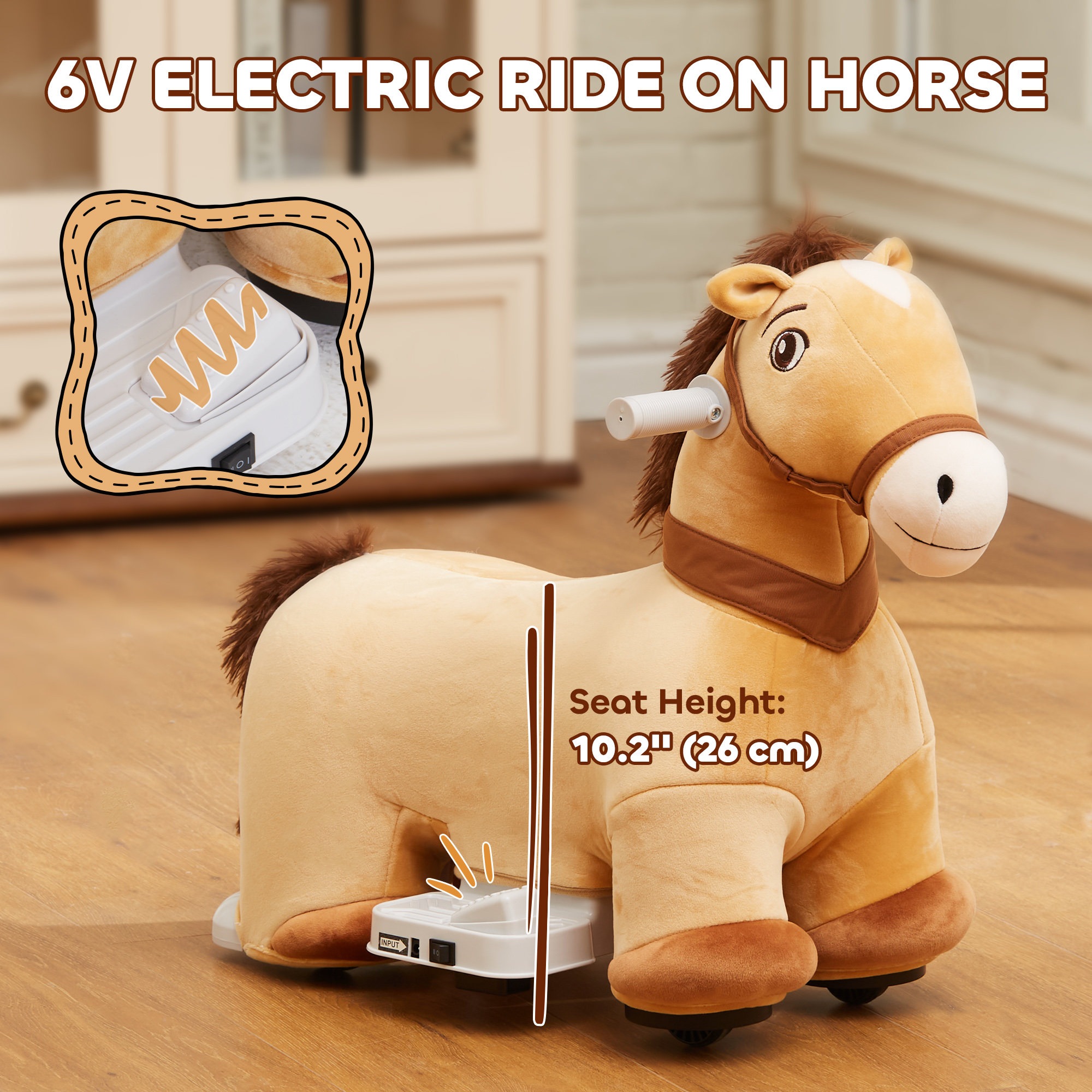 Caballo eléctrico de batería, montura para niños con música y ruedas PU, para edades 18-36 meses, marrón — imagen 4