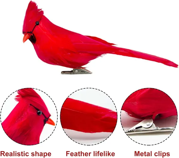 12 Pzas de Clips de Pájaros Cardenales Rojos Artificiales, Clips de Pájaros Cardenales Navideños, Pájaro Cardenal Rojo Falso para Decoración de Árbol de Navidad y Manualidades — imagen 3