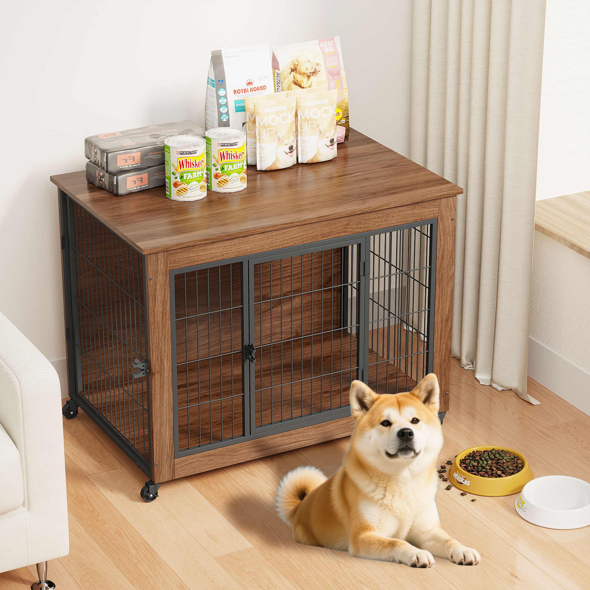 38.6 Dog Crate Furniture With Wheels For Small Dogs, Heavy Duty Dog Kennel Indoor With 2 Doors, Wooden Pet Cage End Table, Double-Doors Sturdy Metal Dog Cage For Anxiety Dog — imagen 1