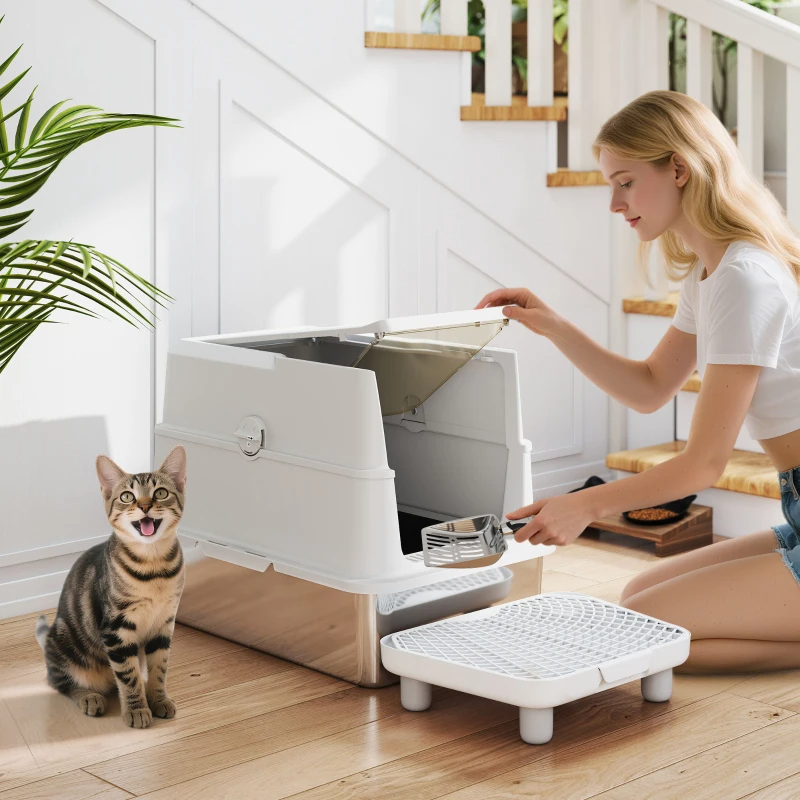 Larga Estantería de Limpieza de Box de Arena para Gatos Grandes con Cubierta Giratoria, Encierro Alto y Cuchara — imagen 6