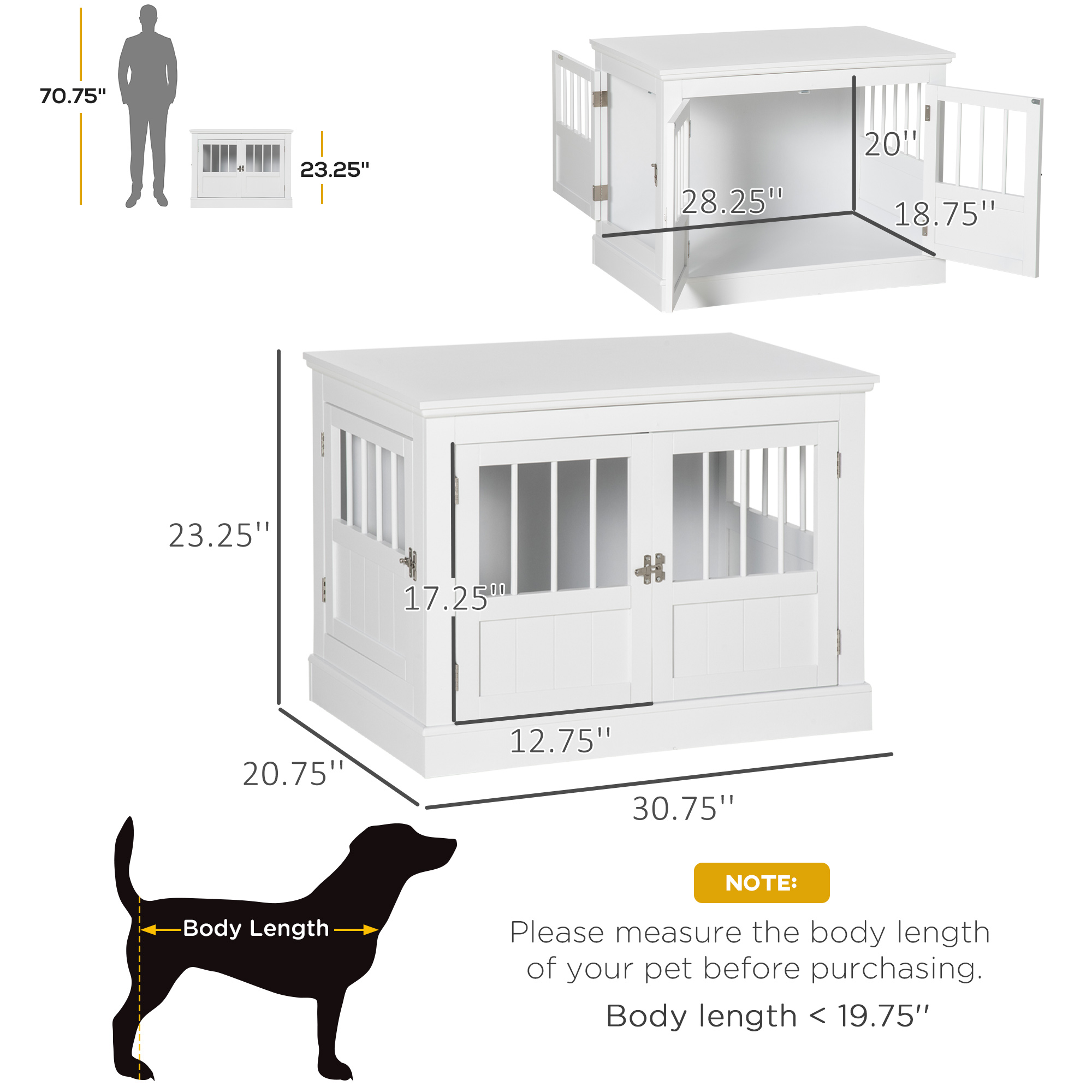Mesa de Perro con Caja de Madera, Tablero con Tres Puertas para Canes Pequeños, Color Blanco — imagen 7