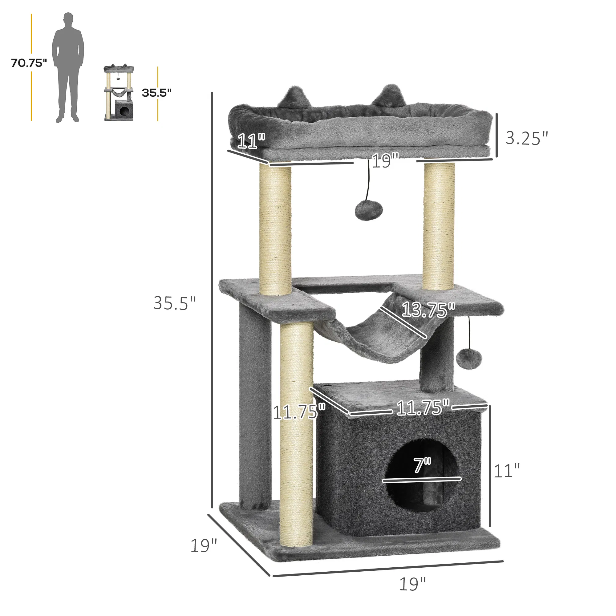 39.25'' Cat Tree Tower Multi-Level Kitten House with Scratching Post Condo Hammock Bed Ball Toy - Gray — image 4