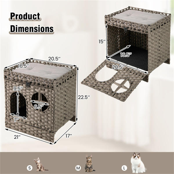 Condominio de Mimbre para Gatos de 2 Niveles con Tapete Atrapa-Arena - Mueble Ocultador de Arenero, Cojín Extraíble y Lavable, Ratán Gris — imagen 1