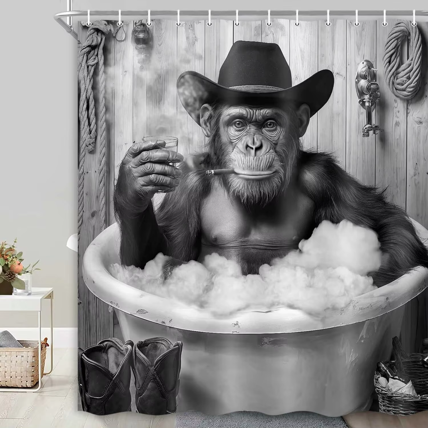 Funny Monkey Shower Curtain Black White Fun Western Cowboy Gorilla Bathtub Farmhouse Rustic Cool Animal Funky Chimpanzee — image 4