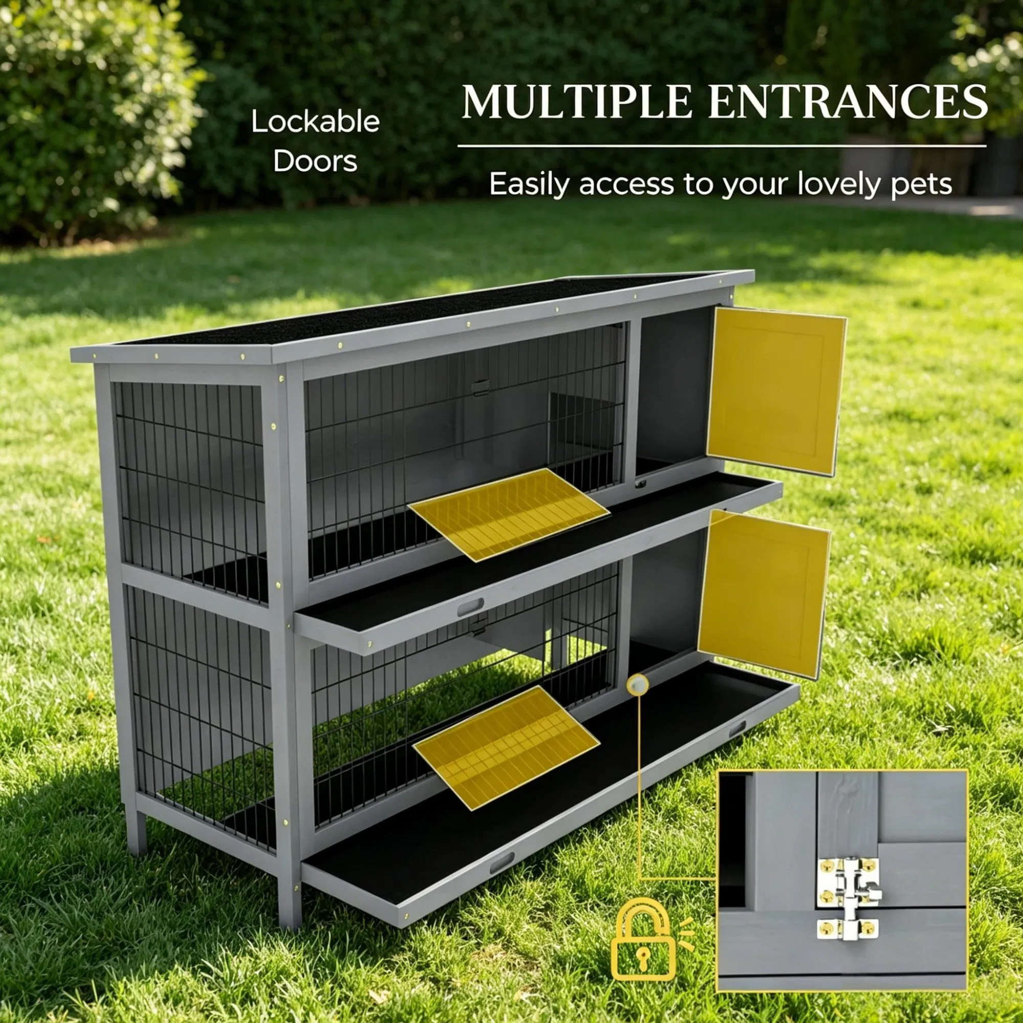 54" 2-Story Large Rabbit Hutch, Bunny Cage, Wooden Pet House, Small Animal Habitat, Gray with Lockable Doors, Tray, Roof — image 3