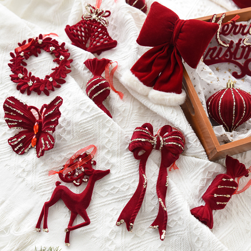 Christmas decoration red flocking elk bell pendant Christmas tree decoration ornaments — image 1