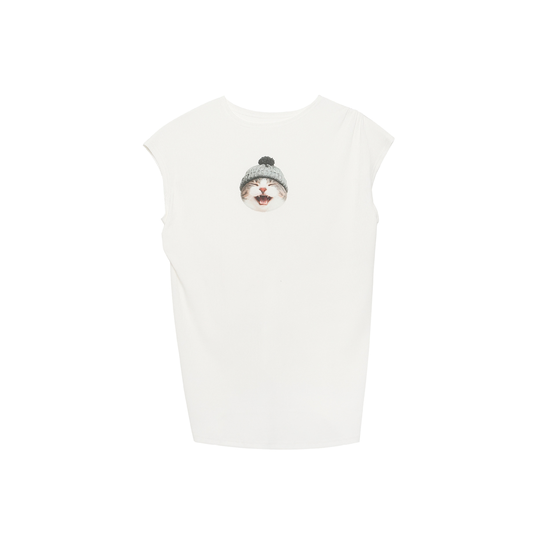 Camiseta sin mangas con estampado de gato para mujeres, ajuste relajado y redondeado con cuello circular — imagen 1
