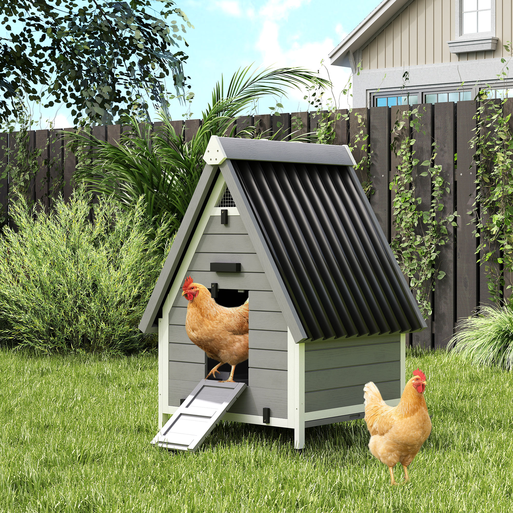 Casa para Gallinas de 2 Ejemplares, Hogar Exterior de Madera con Caja de Anidación Removible y Barra de Percha, bandeja y rampa — imagen 1
