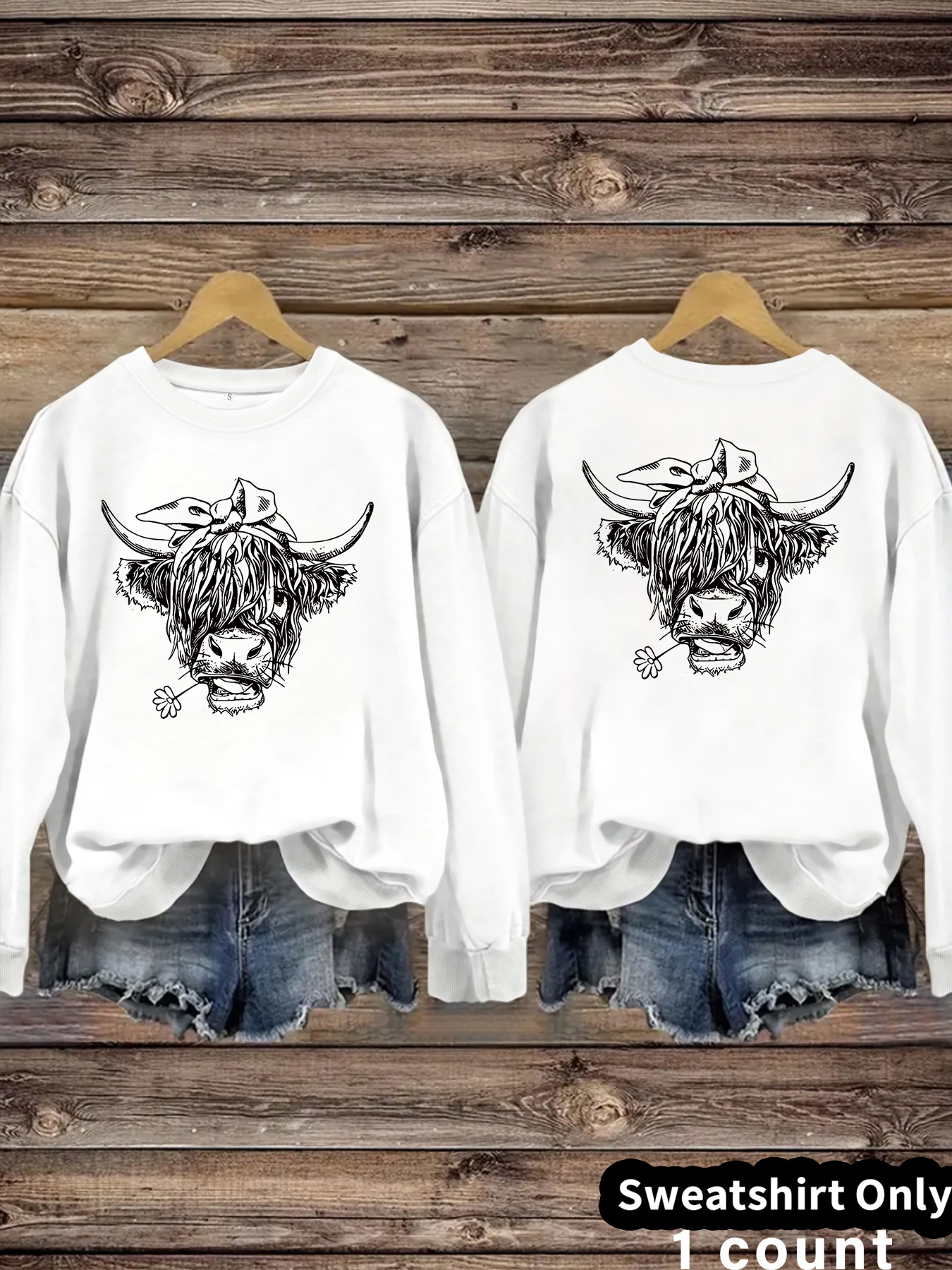 Cowboy Highland Cow Printed Loose Women's Velvet Hoodie — image 7