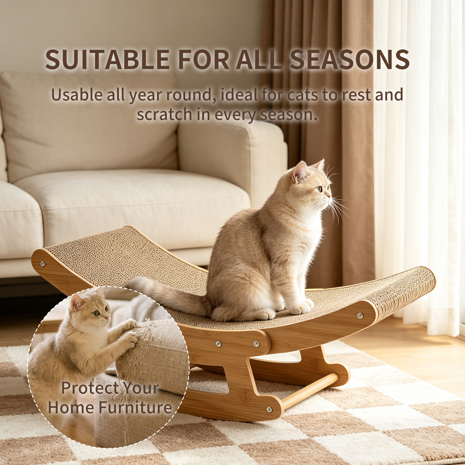 2-in-1 Cat Rocking Scratcher Chair Wooden Cat Bed Lounge Corrugated Cardboard Scratching Pad For Indoor Cats — image 5