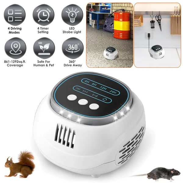 Ultrasonic Rodent Chaser Rat Repellent Pest Driver Mouse Control Squirrel Repeller With 4 Modes 4-65KHz Strobe Light 4 Timer 1292sq.ft. Coverage For Rodent Mouse Rats Squirrels Bats GPCT5491 — image 3
