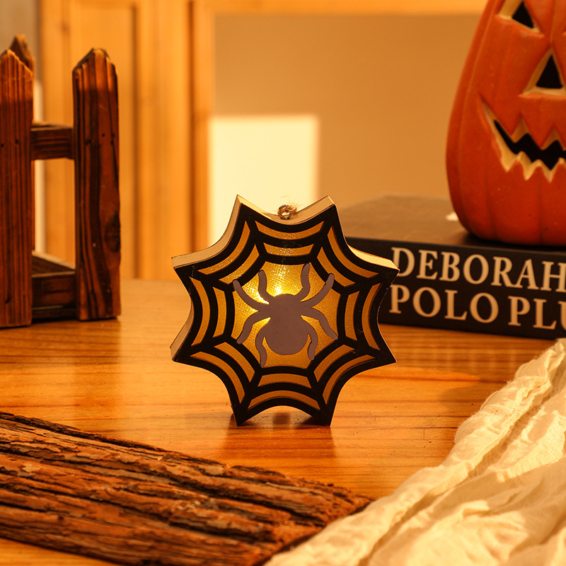 Halloween Decoration Pumpkin Lantern Wooden Skull Spider Halloween Scene Hanging Ornament Night Light — image 9