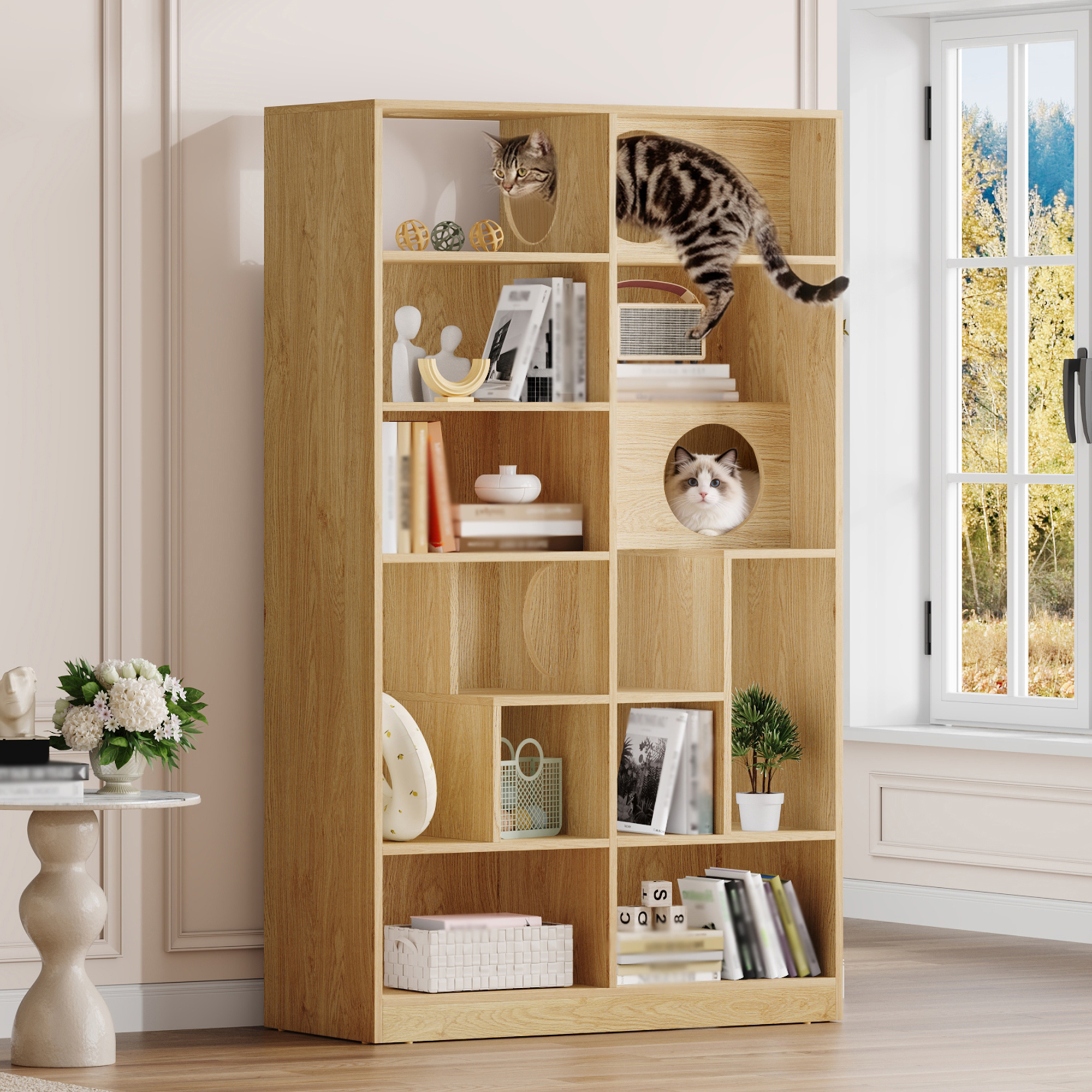 Gabinete de Libros Moderno 2 EN 1 para Gatos, Árbol de Juego con Almacenamiento y Caja de Arena - NATURAL — imagen 1