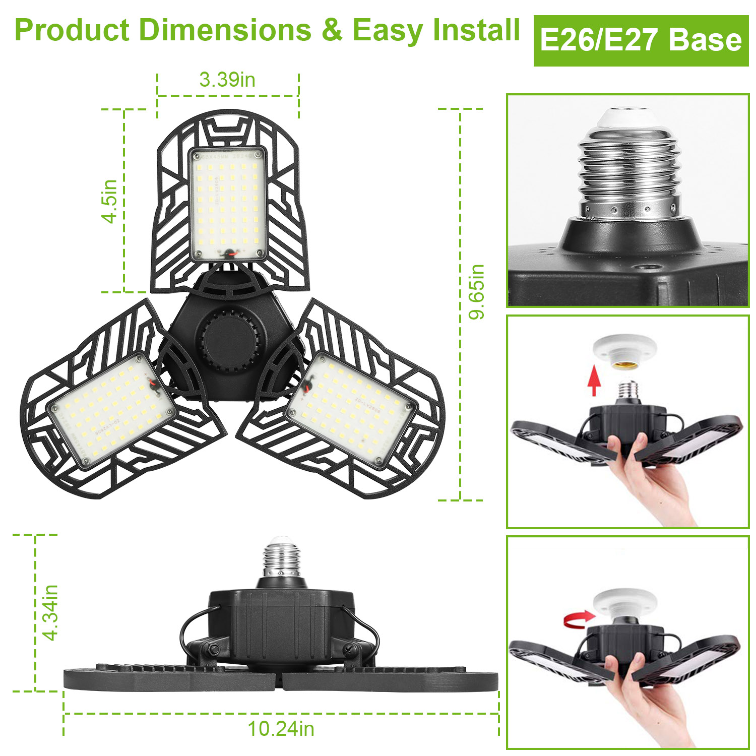 LED Garage Light E26 E27 80W 7000LM 6500K Garage Ceiling Light Deformable Workshop Lamp Die Cast Aluminum LED Ceiling Light Bulbs With 3 Adjustable Panels For Barn Shop Warehouse Workshop C — image 5