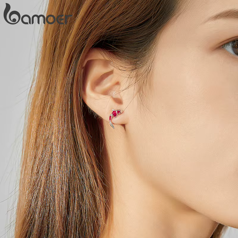 Bamoer Aretes de Estilo Pez Enamel Rojo para Mujeres 925 Sterling Silver Aretes de Koi de Primavera Festival Silver Fashion Jewelry SCE812 — imagen 4