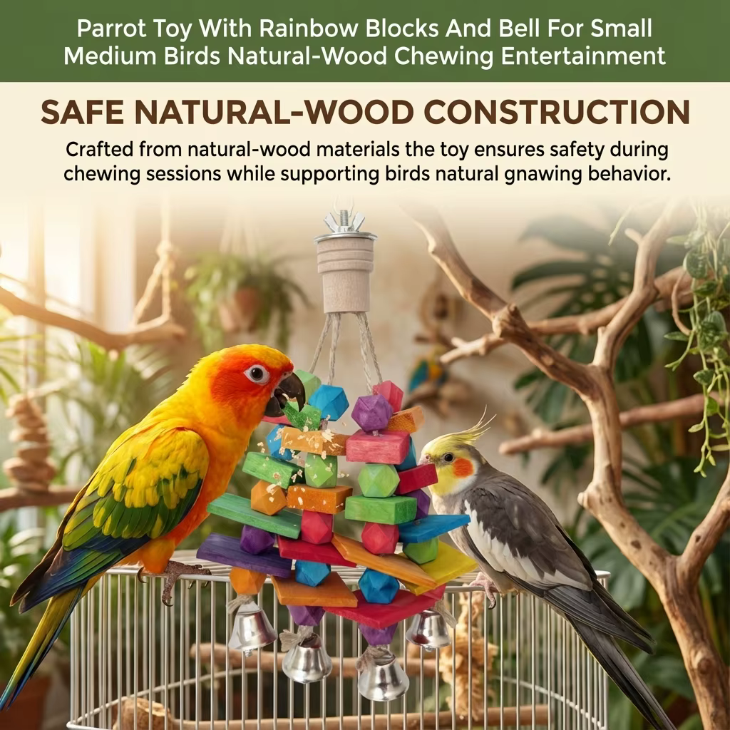 Parrot Toy with Rainbow Blocks and Bell Natural Wood Chew Toy for Small to Medium Birds Interactive Entertainment for Pet Birds — image 6