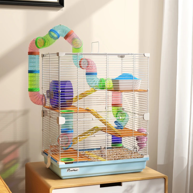 5 Tiers Hamster Cage Portable Animal Travel Carrier W Exercise Wheels Tube, Light Blue — imagen 10