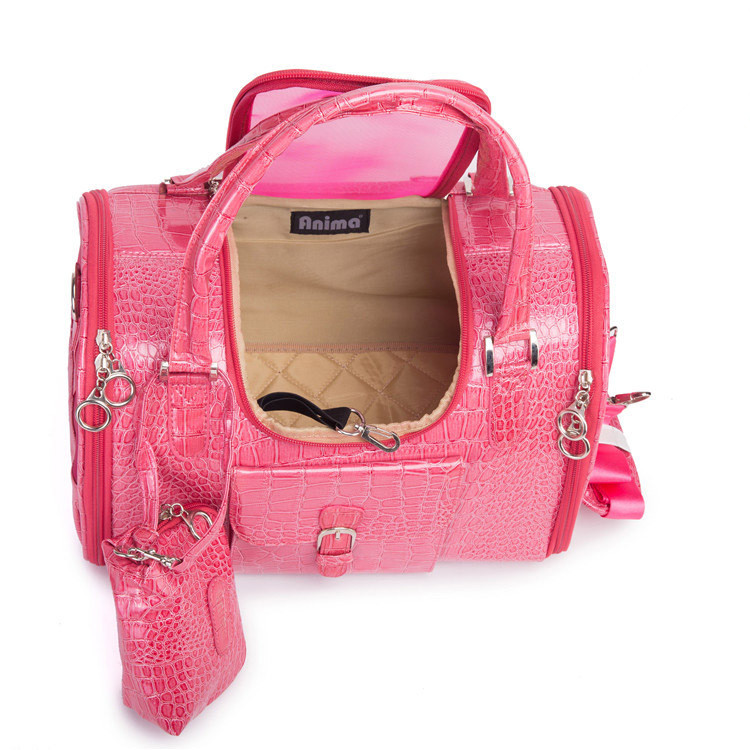 Porta perros de PU de cocodrilo con diseño de bolsa de mano en rosa y negro, con cierre ajustable y asas reforzadas para viajes seguros — imagen 3