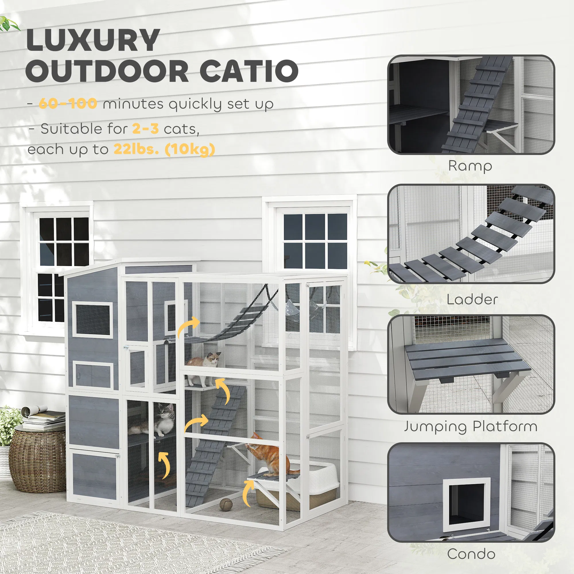 76" Catio Outdoor Cat Enclosure with Cat Condo, Jumping Platforms, Ladder, Ramps, Hammock for 2-3 Indoor Cats, Grey — image 5
