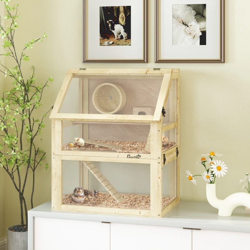 3 Tier Wooden Hamster Cage W Detachable Bottom, Hut, Seesaw, Exercise Wheel, Ramps — imagen 2