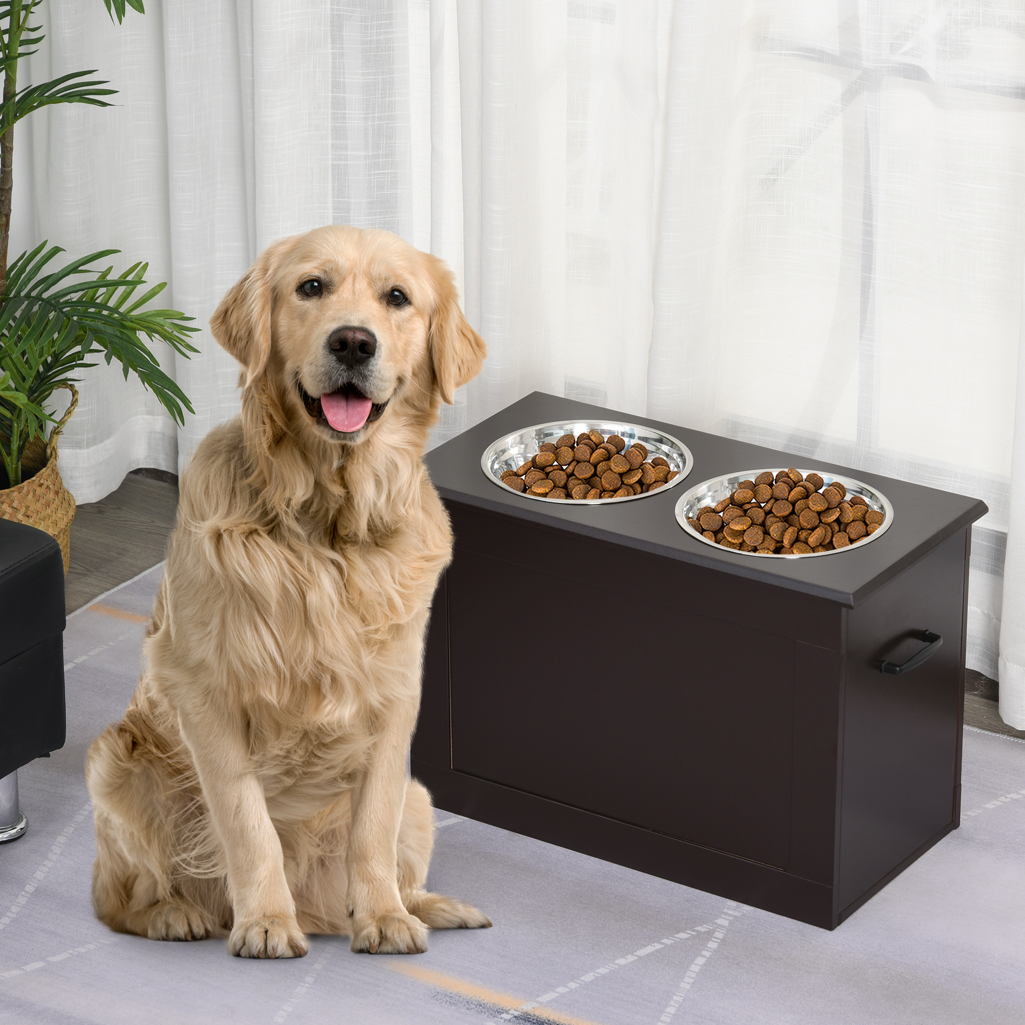 Estación de Alimentación para Mascotas Elevada con 2 Tazas de Acero Inoxidable y Almacenamiento Oculto para Perros Grandes y Otros Animales de Gran Tamaño, Café — imagen 1