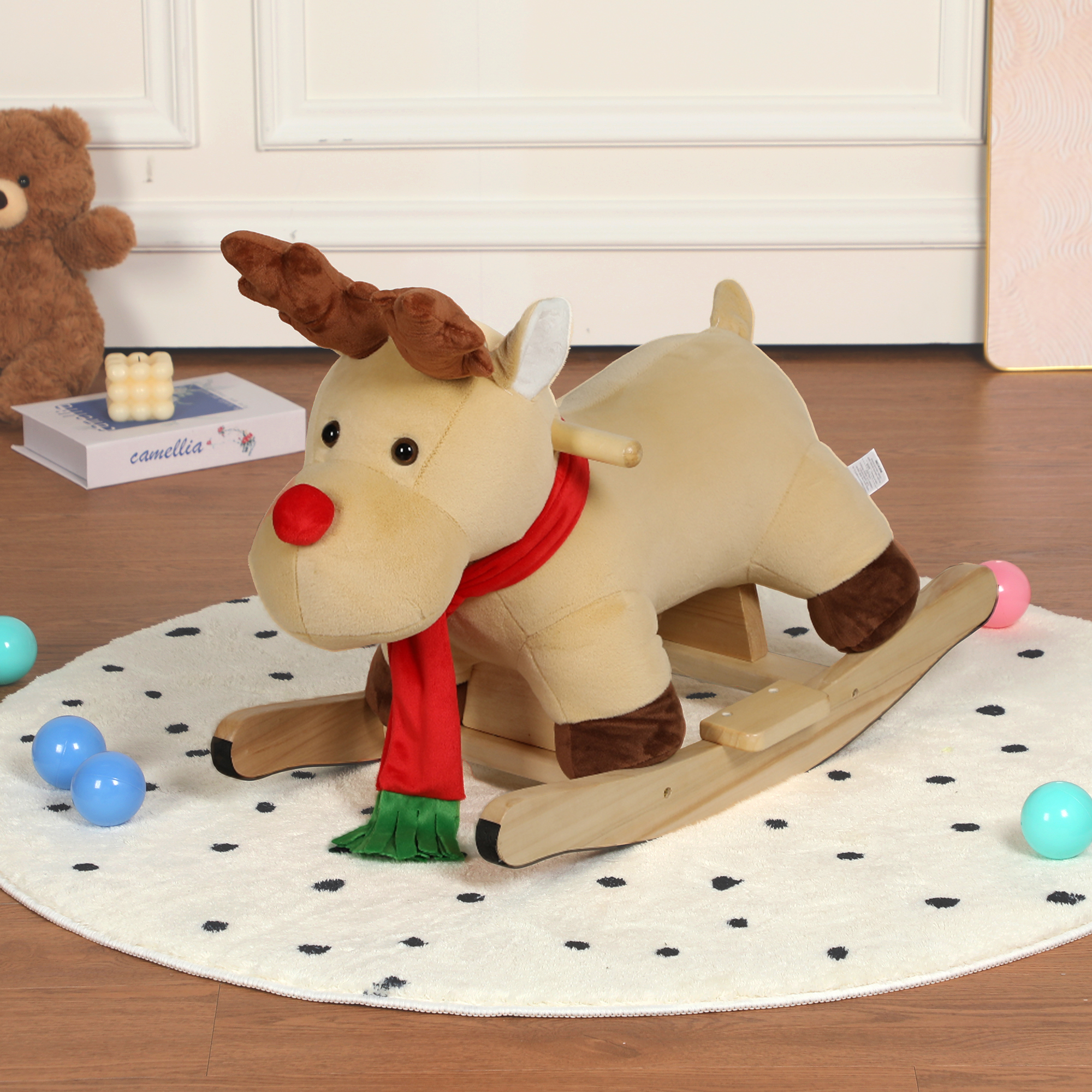 Kids Ride-On Rocking Horse Toy With Lullaby Song, Moose Rocking Toy With Hand Puppets And Safety Belt For Children 1-3 Years, Soft Plush Fabric, Apricot, CPC Certified — image 1