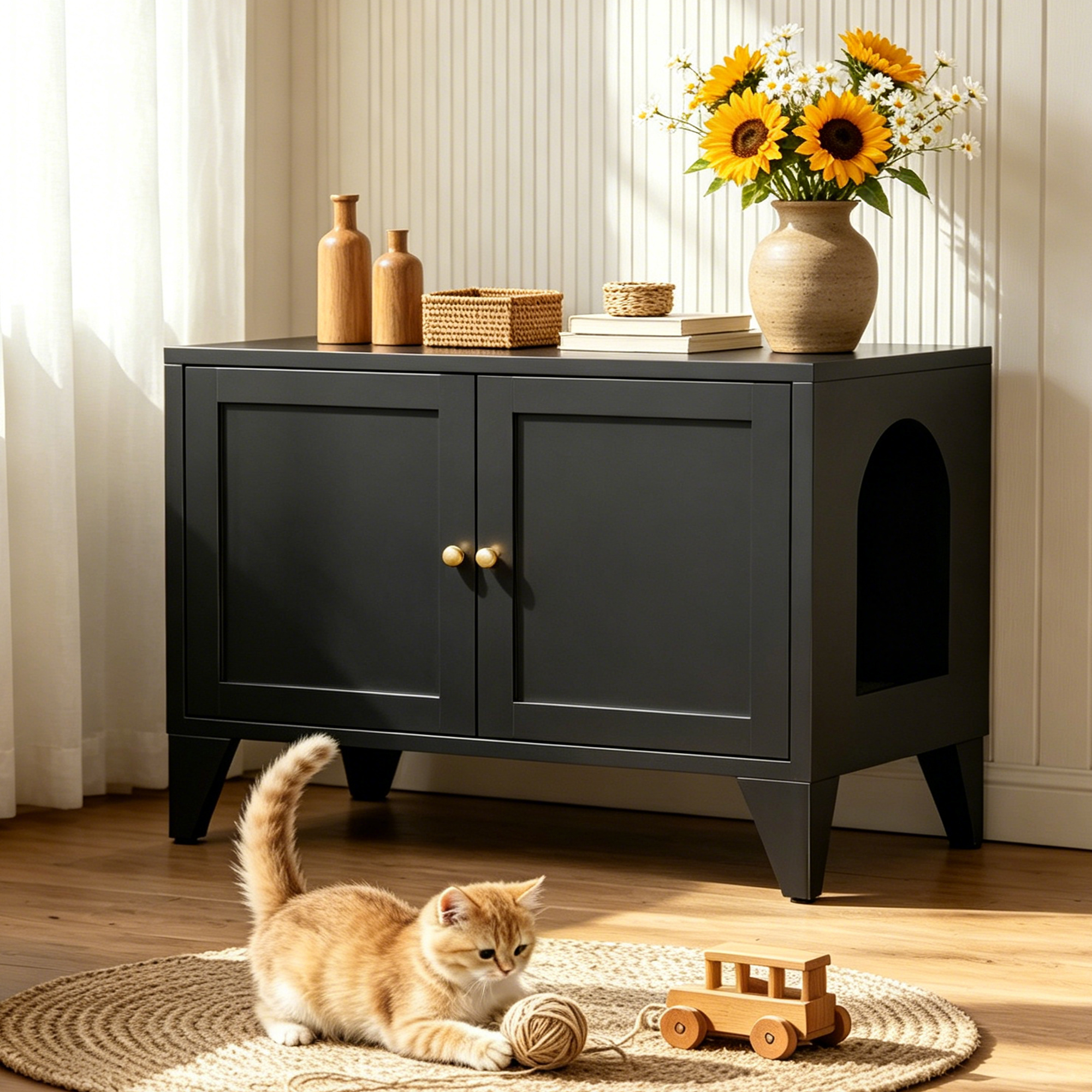 Caja de Arena para Gatos en Metalo, Decoración Moderna Oculta para Hogares con Mascotas, Casa para Limpieza de Gatos Freestanding, Adecuado para la Mayoría de Cajas de Arena Estándar, Mesa de Sede Decorativa para Hogar Negro — imagen 1