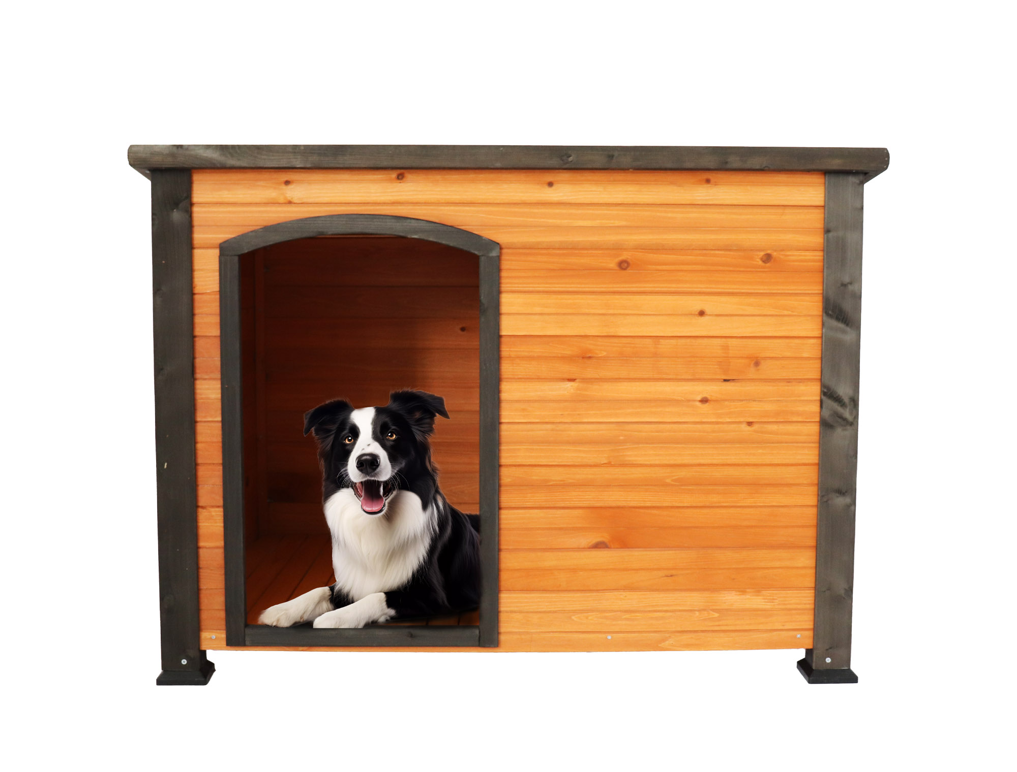 Casa para perro de 45" para exterior e interior, caseta de madera con tira para invierno y patas elevadas, resistente a la intemperie para perros grandes, dorado, rojo y negro — imagen 1