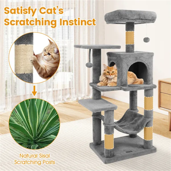 Rascador para gatos de 44" de varios niveles con amplia percha superior, condominio de 2 puertas y hamaca, para gatos de interior - Gris claro — imagen 3