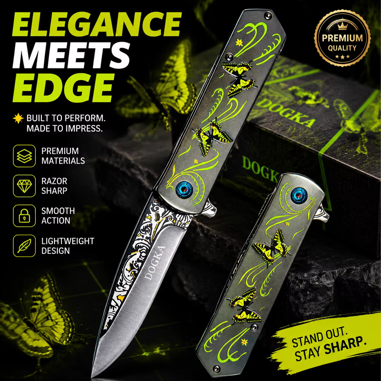 This DOGKA Folding Pocket Knife Features a Unique Butterfly Pattern Handle, Decorative Blade Detail, and Compact Folding Design. It Combines a Stylish Look with Practical Outdoor Utility, Making It Suitable for Camping, Hiking, Fishing, Travel — image 5