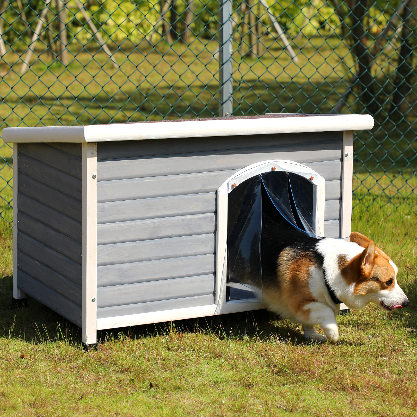 Medium Wooden Outdoor Dog House, Waterproof Roof, Elevated Floor, Adjustable Plastic Feet, Grey — image 2