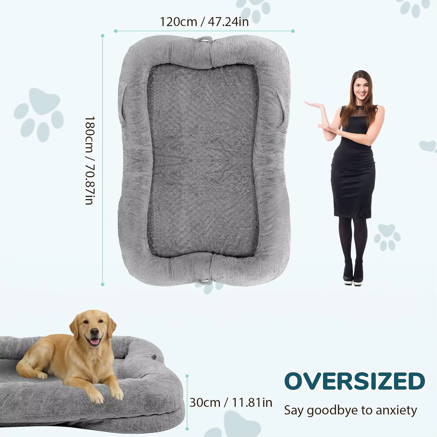 Human Dog Bed for Adults, 71''x45''x12'' Size Fits Adults & Pets, Gray | Washable Faux Fur, Non-slip Bottom Surface, Custom — image 2
