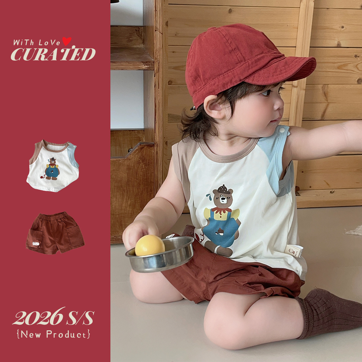 Boy's Stylish Two-Piece Set, Cartoon Bear Sleeveless Color-Block T-Shirt — image 6