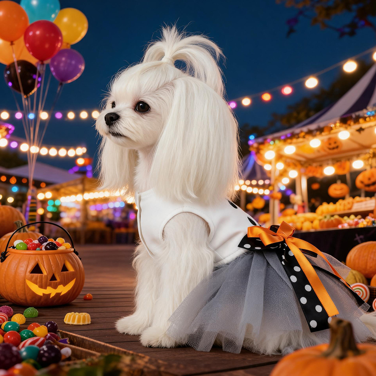 Ghost Face Ghost Polka Dot Bow Halloween Pet Tulle Dress for Maltese, Gray Mesh Festival Costume — image 2