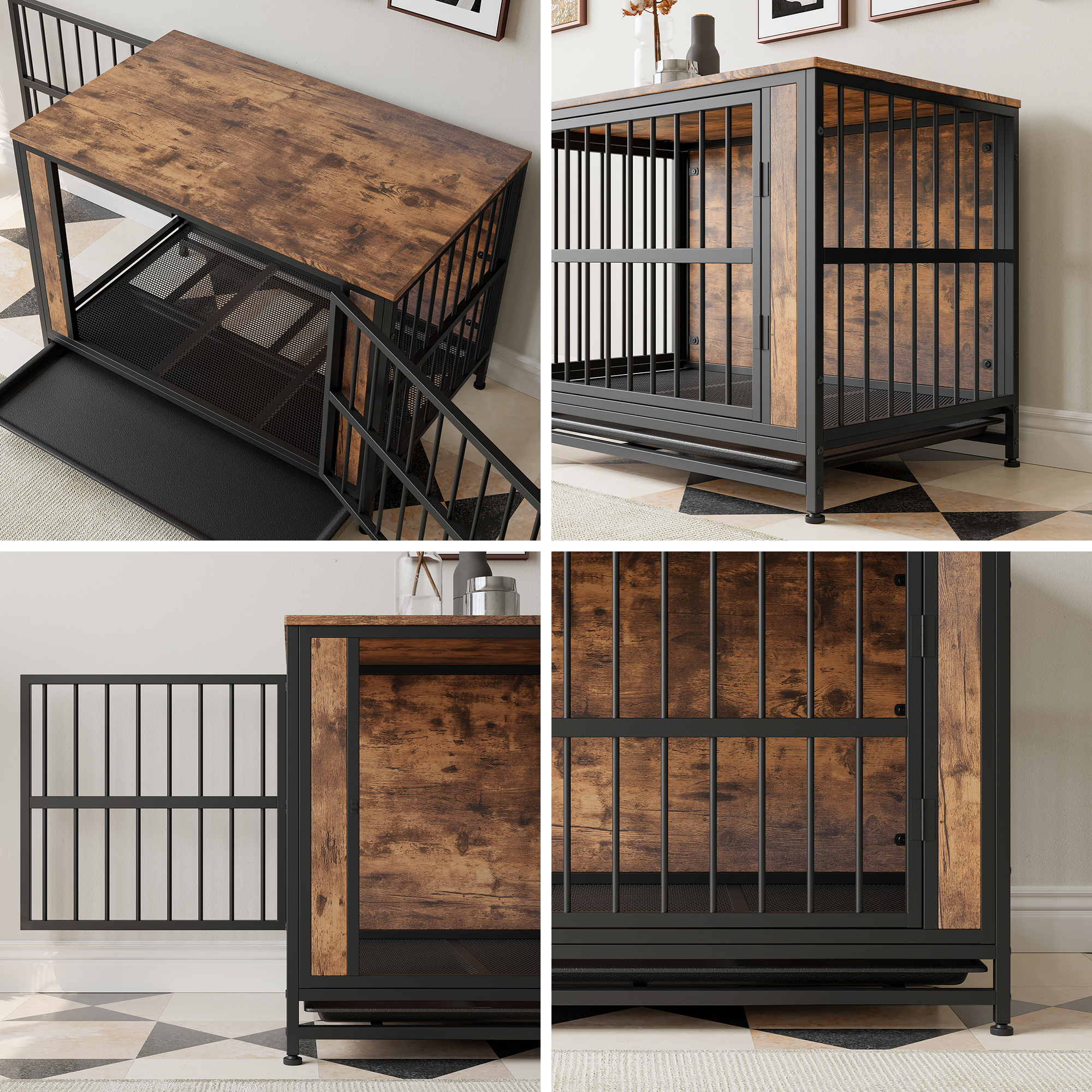 Mueble para Perros, Mesa de Caja para Perros en Madera, 38,9" Casa para Perros con 2 Puertas Deslizantes y Marco de Puerta de Hierro Grueso, Decorativo Refugio para Perros Grande/Medio/Pequeño para Uso Interior (Marrón Rustico) — imagen 7