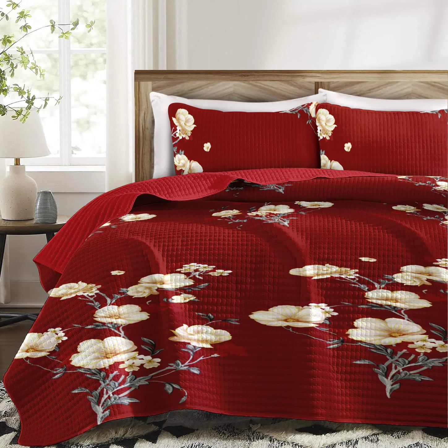 9-Piece Burgundy Red Floral Bedding & Curtain Combo Set, Elegant Wine Red Quilted Bedspread with 6 Light Filtering Window Panels & 2 Shams, Easy Care Microfiber Coverlet, Pet Friendly — image 11