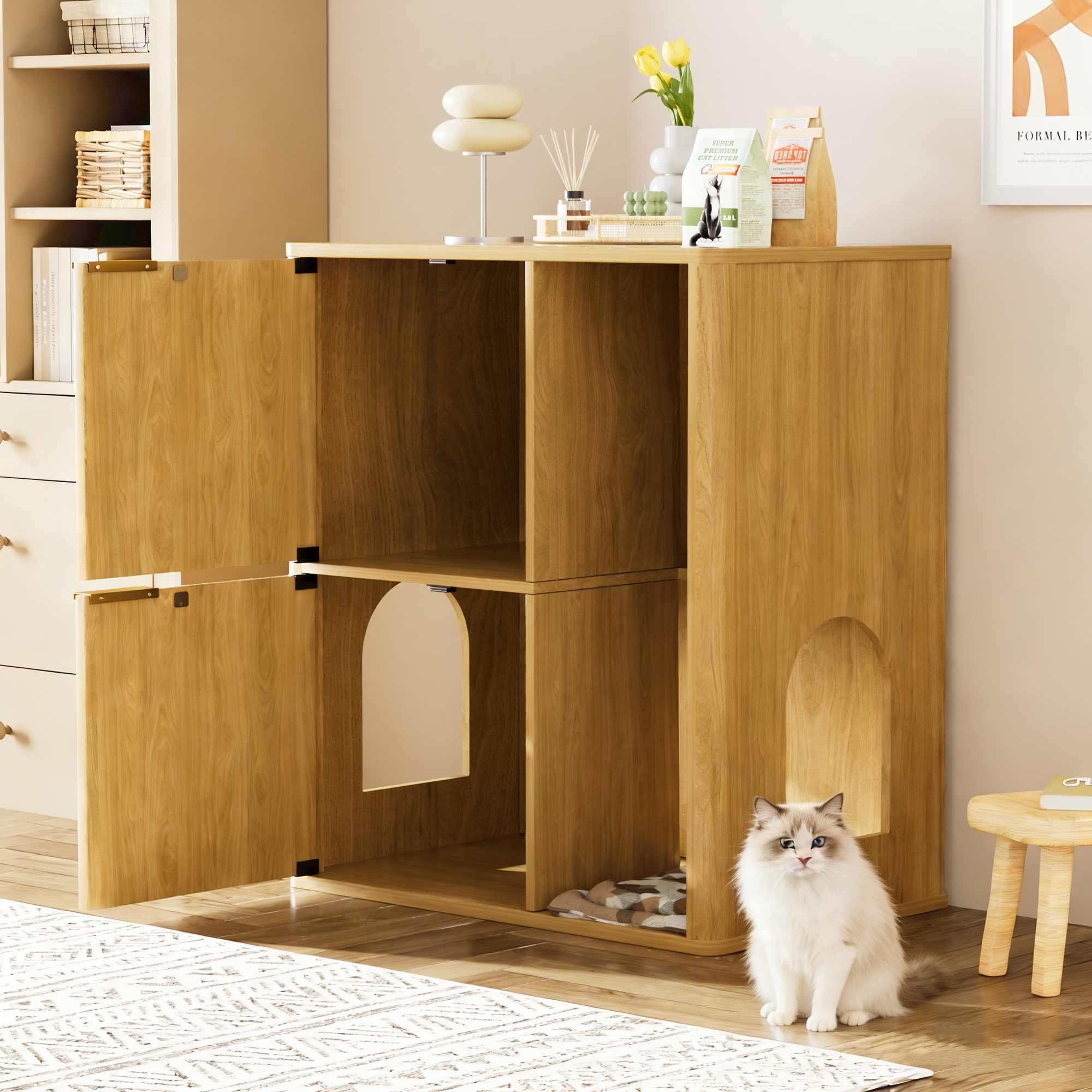 Gabinete para Arenero de Gato de 31.5 Pulgadas en Madera Clara con Rascador Integrado - Mueble Oculto con Puertas Dobles para Gatos y Repisas de Almacenamiento, Gabinete Versátil para Sala o Dormitorio — imagen 4