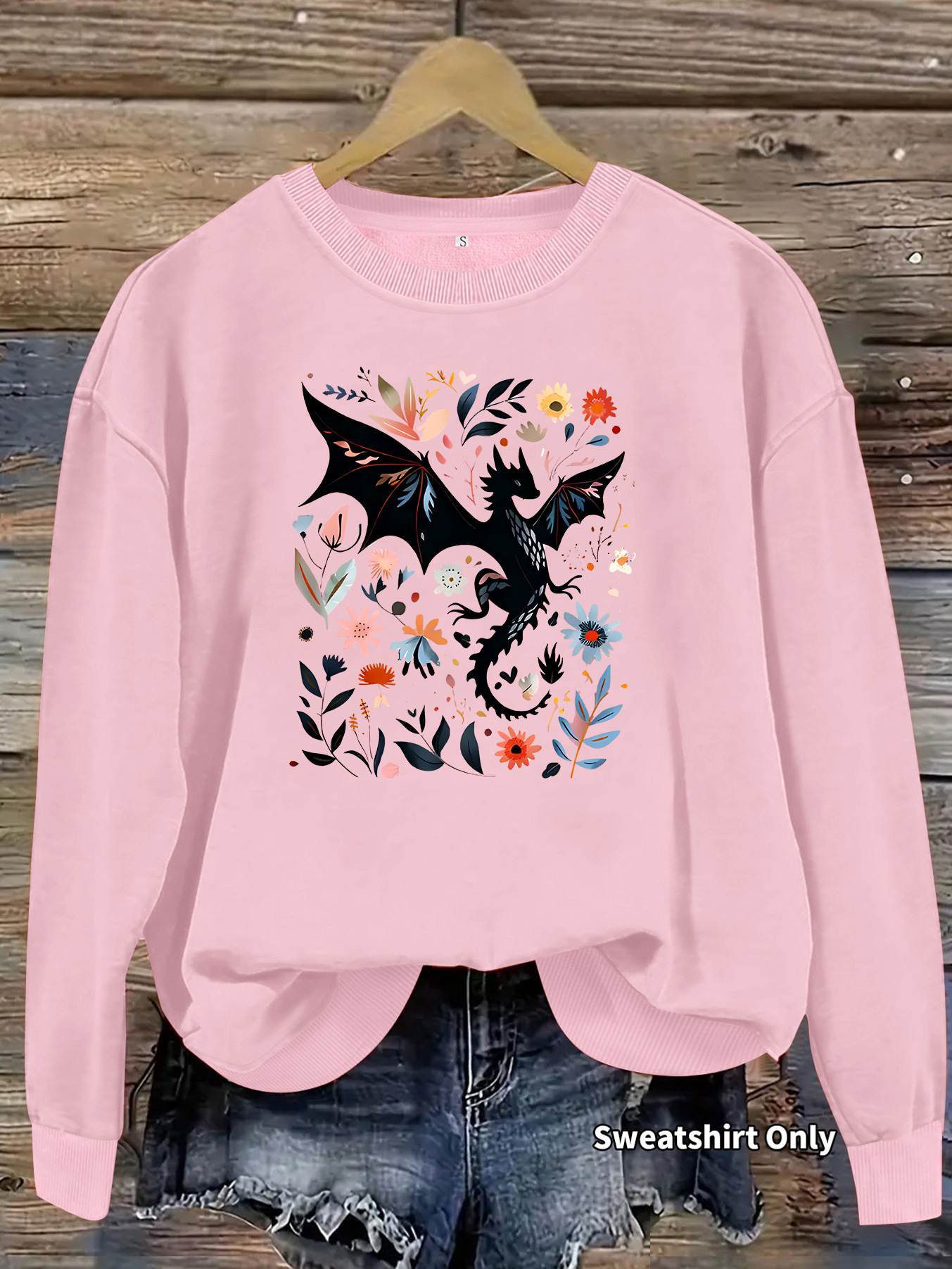 Dragon pattern and floral print round neck fleece hoodie — image 8