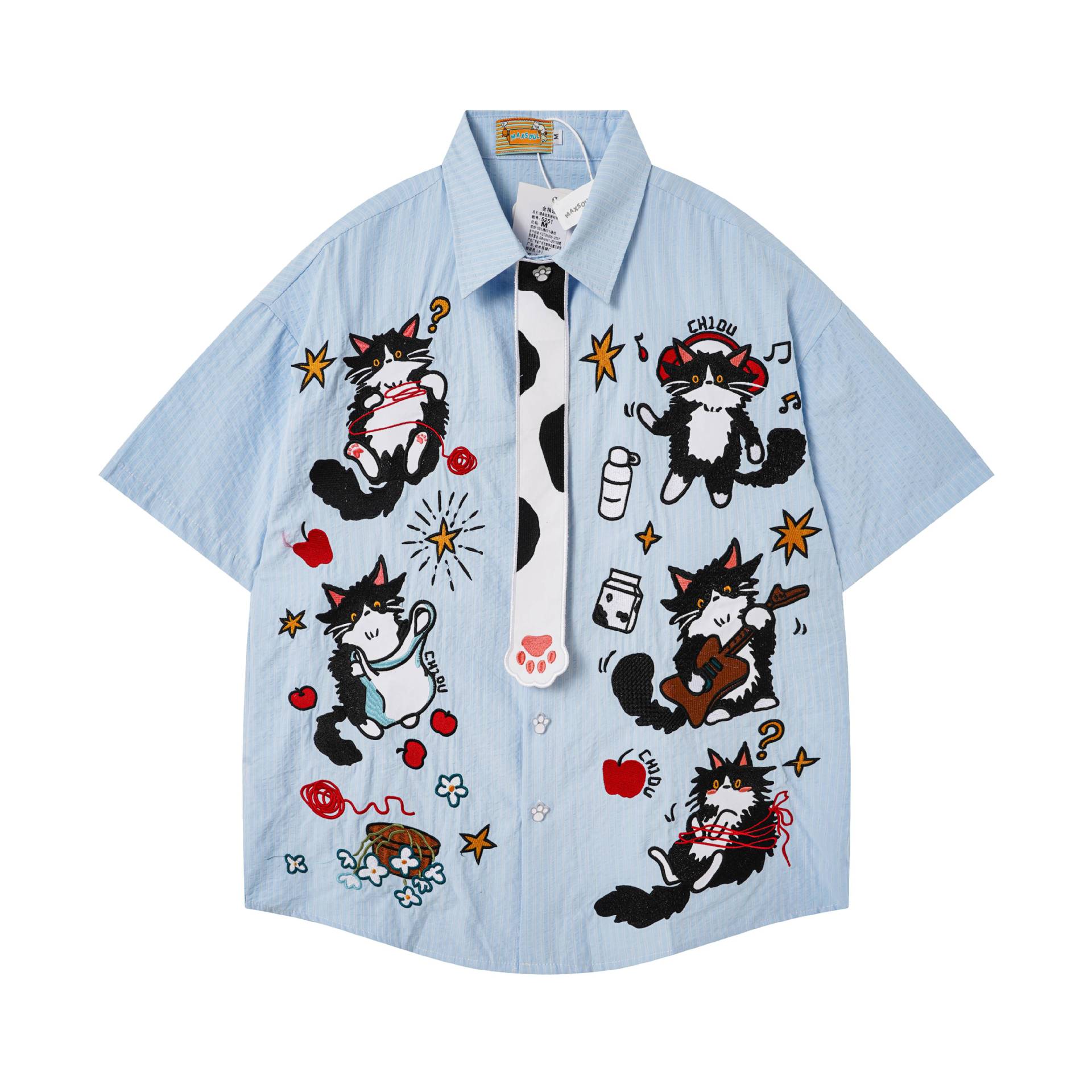 Black and white cat embroidery short sleeved shirt — image 4
