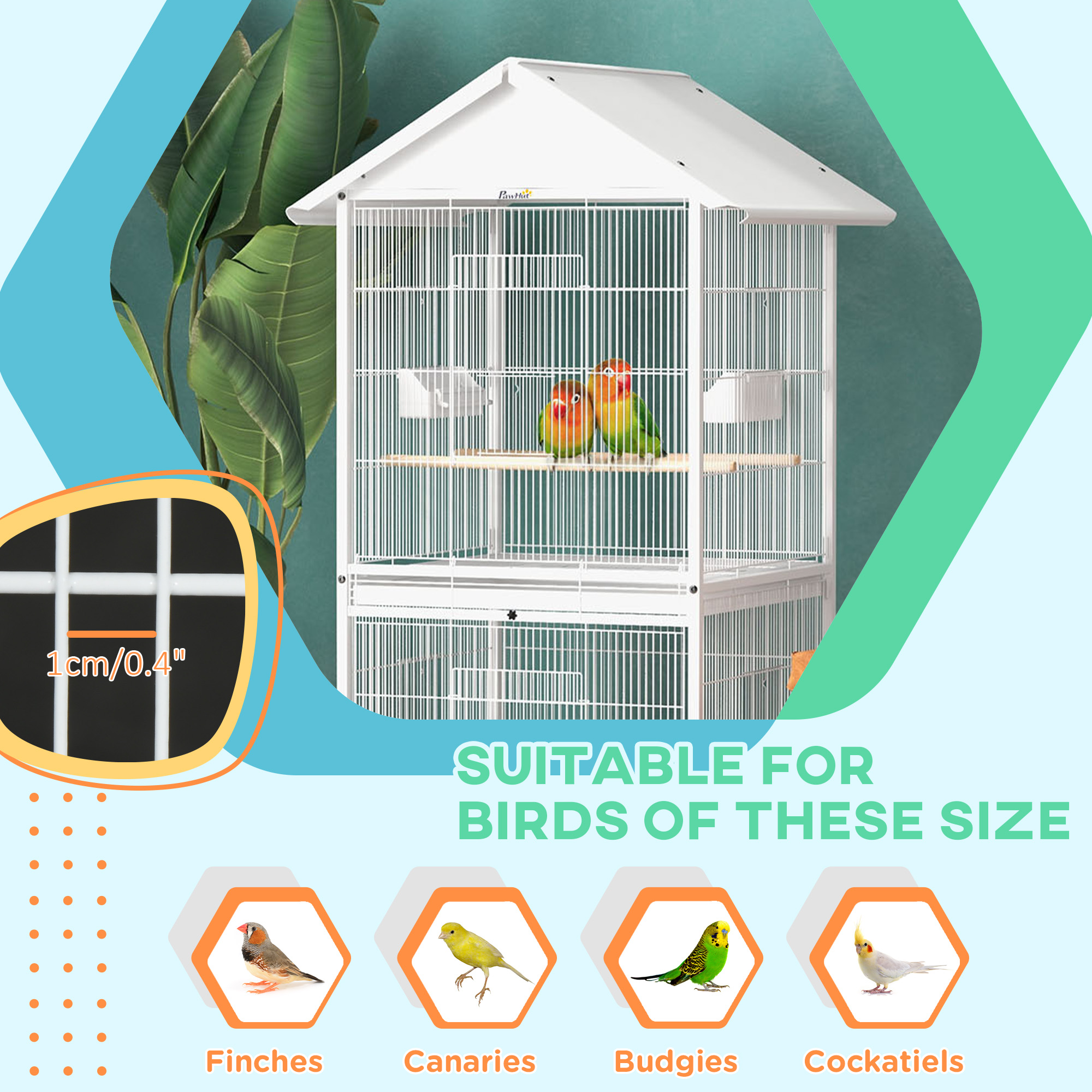 Caja para Pájaros de Metal Forjado con Soporte Rodante, Perchas y Contenedores de Alimento, 67" H, Blanco — imagen 4