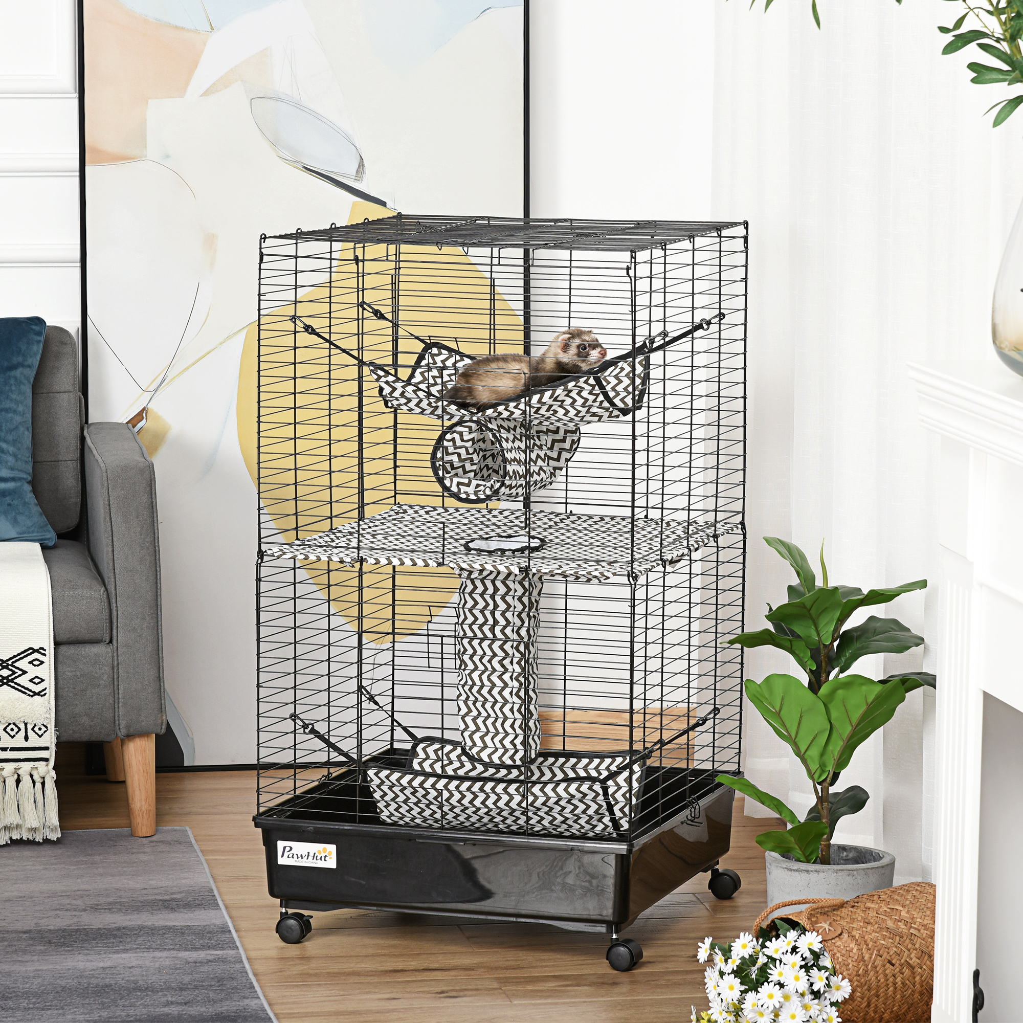 Jaula para Hurón de 42", Hábitat para Animales Pequeños, Jaula Metálica para Mascotas con Ruedas y Frenos, Hamacas, Túneles Colgantes y 3 Puertas, Negro — imagen 1