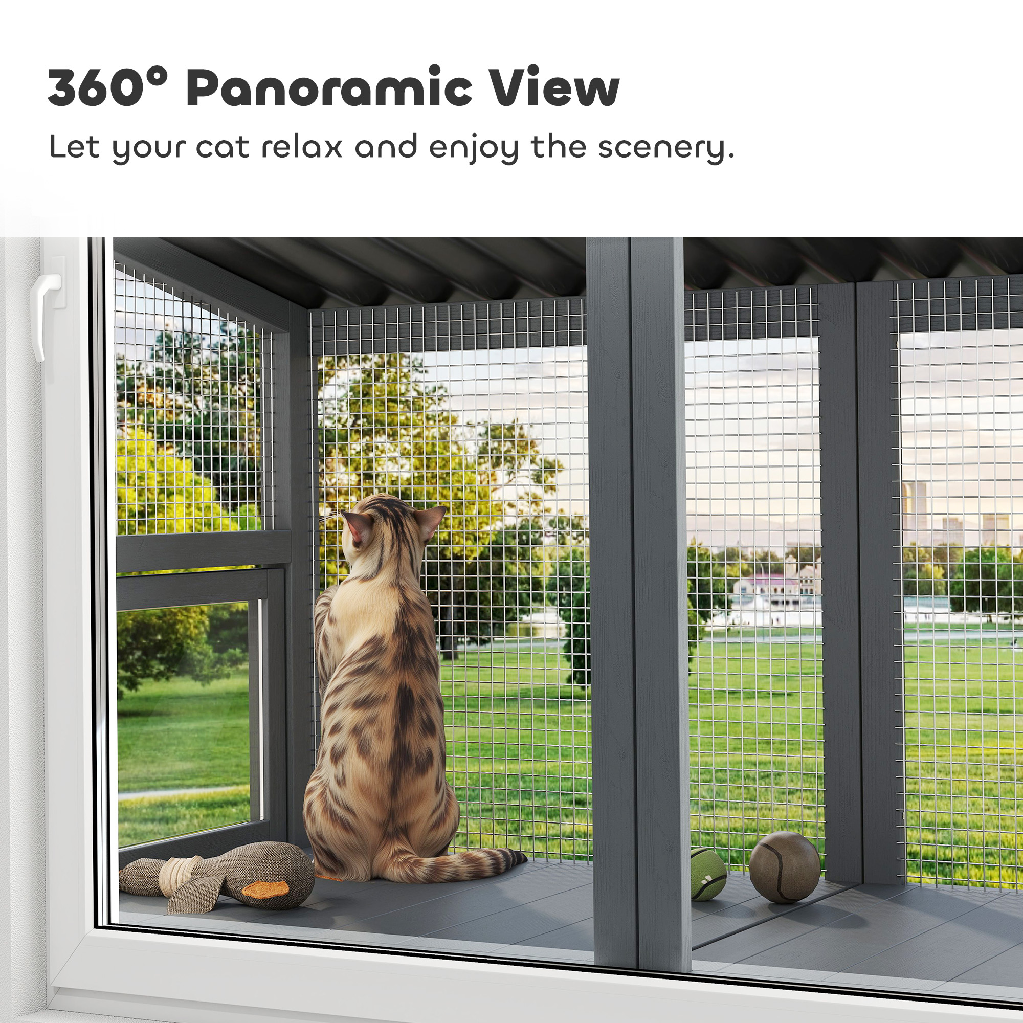 Wooden Cat Catio, Outdoor Cat Enclosure Window Perch With Jumping Platform, For Safely Enjoying Outdoor Sights, Gray — image 2