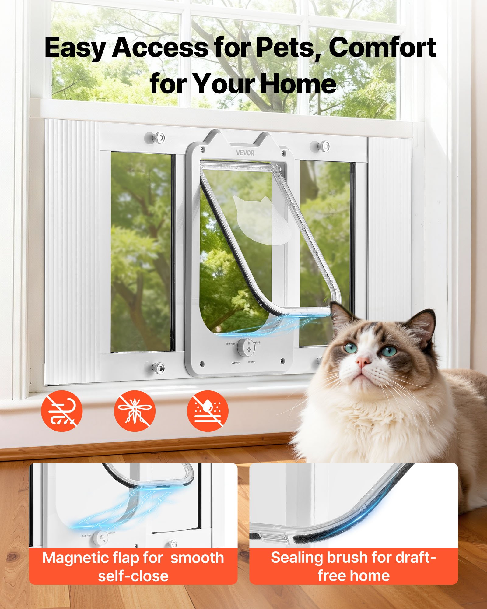 Puerta para Gatos en la Ventana, Ajustable 27"-32", 4 Modos de Bloqueo Seguros, Estructura de Aluminio y Vidrio de Alta Transparencia, Cierre Magnético, Puerta Rápida para Perros que Funciona con Viento, Blanco — imagen 4