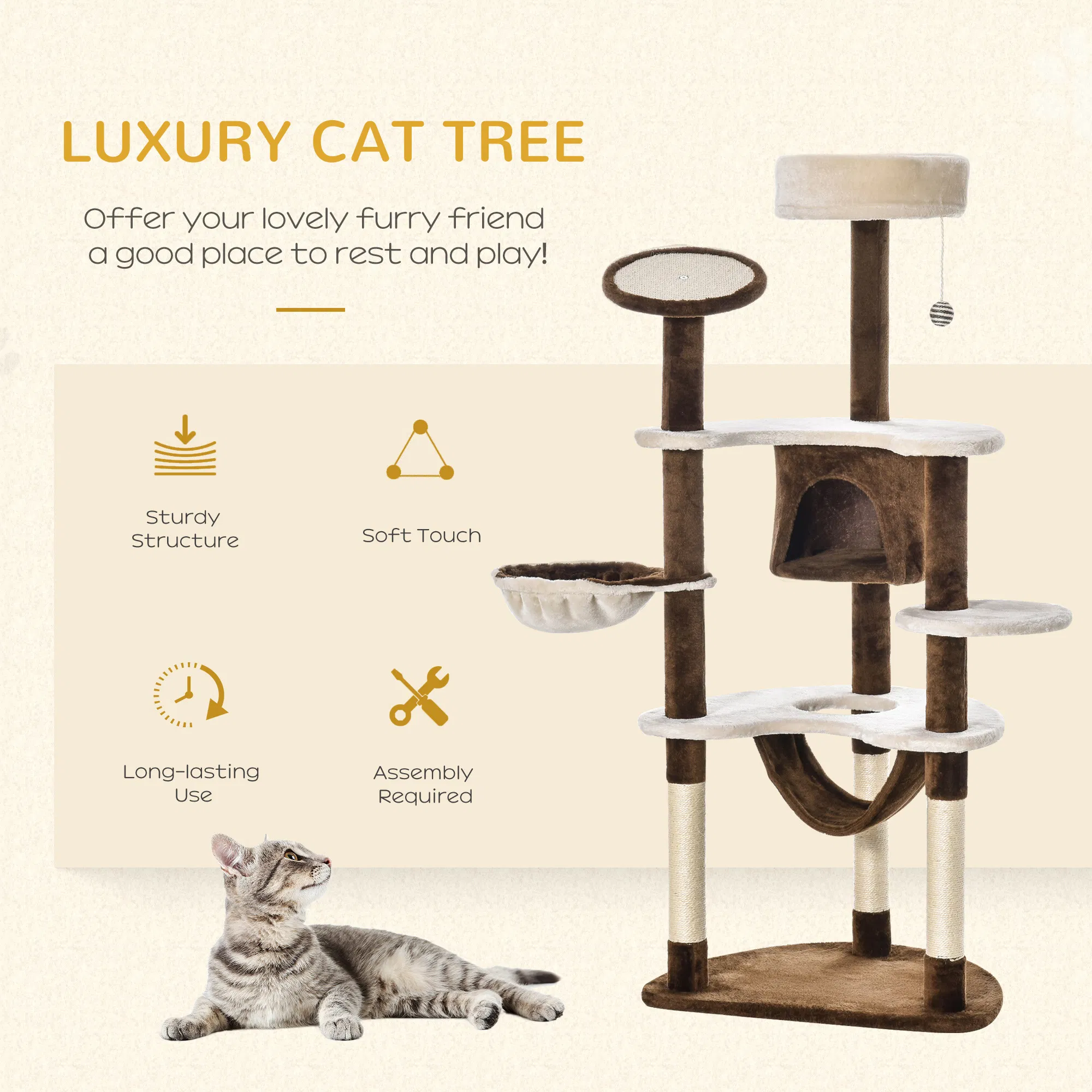 60" Cat Scratching Tree, Cat Bed Condo Post House Pet Furniture Toys-Brown & Beige — image 2