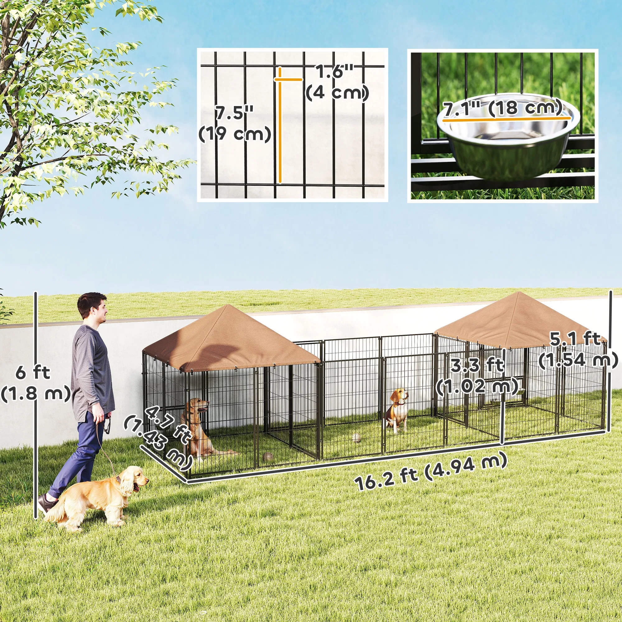Outdoor Dog Kennel with 2 Rooms, Rotating & Adjustable Height Bowls, Waterproof UV-Resistant Cover, 16.2' x 4.7' x 5.1' — image 4