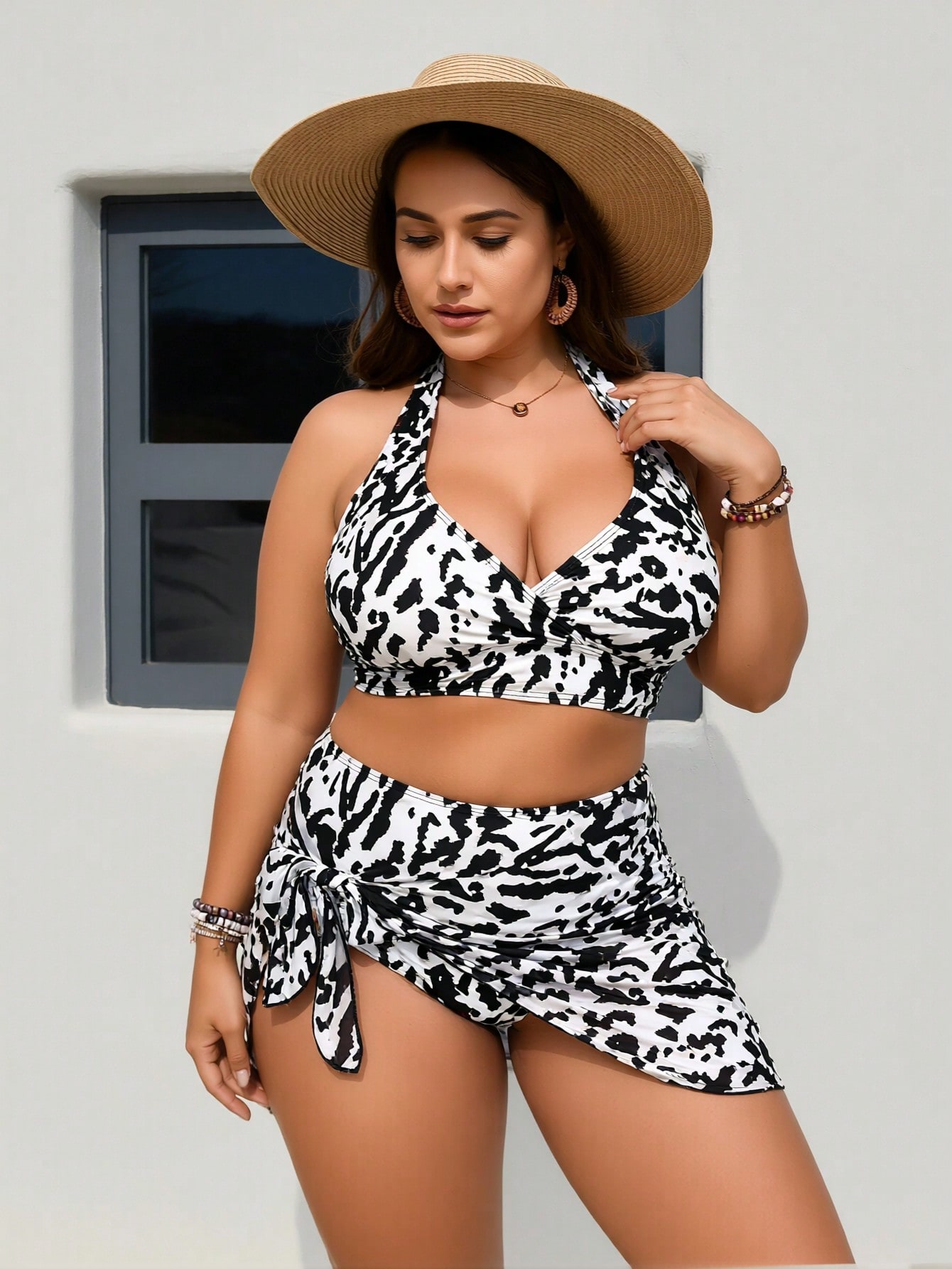 Nuevo Conjunto de Bikini Halter con Estampado de Cebra 2026, con Falda Cubre-Bikini Anudada, Traje de Baño Reductor de 3 Piezas Talla Grande — imagen 2