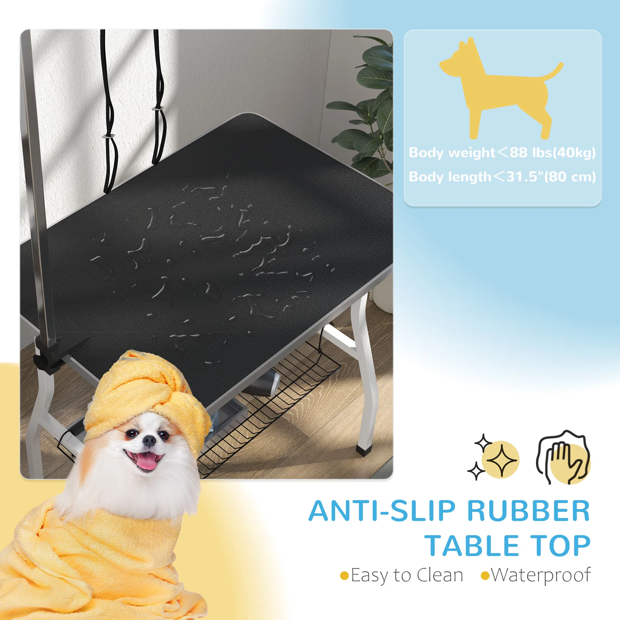 Dog Grooming Table w/ Adjustable Arm, Mesh Tray, Two Nooses, Rubber Surface, 35" x 24" x 61", Black — image 5