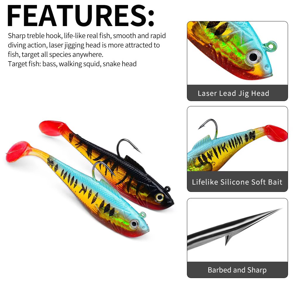 3Pcs Fishing Lure Jig Hook Silicone Soft Bait Set Swimbait 3.6g 9.5g 24.6g Artificial Rubber Baits for Pike Bass — imagen 2
