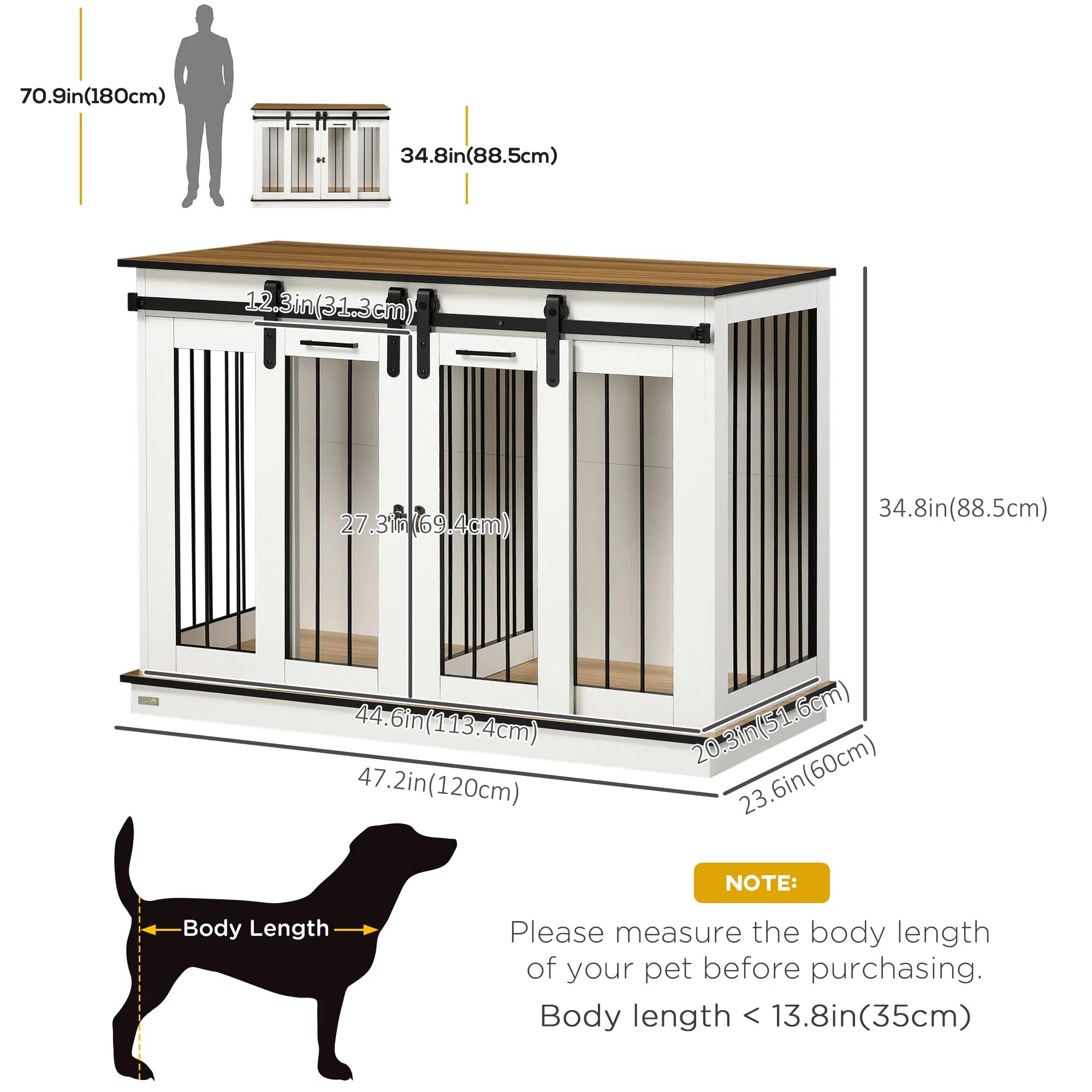 Dog Crate Furniture with Divider Panel, Wooden Dog Kennel TV Stand for Large Breeds, Pet House Side Table for 2 Small Breeds with 2 Rooms Design, 2 Sliding Doors, White — image 2